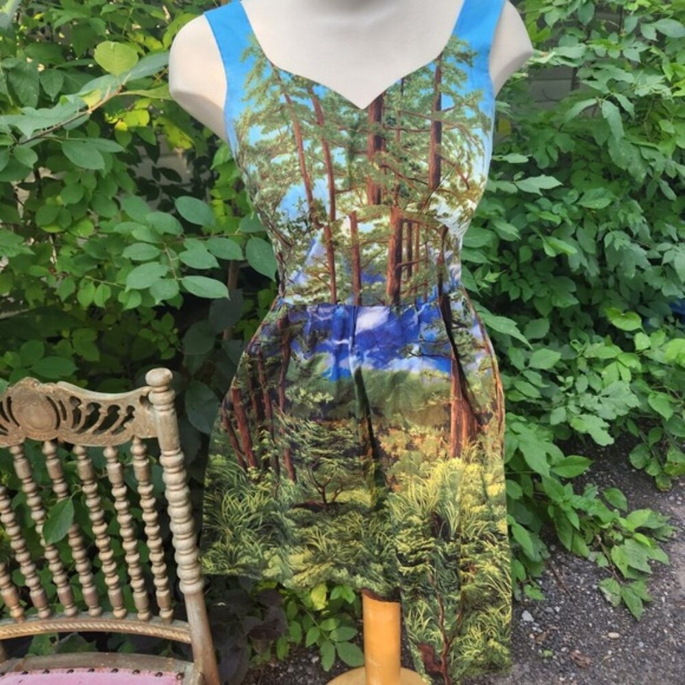 Retrolocious Forest Tree Print Fit‎ & Flare Dress Sleeveless Womens M